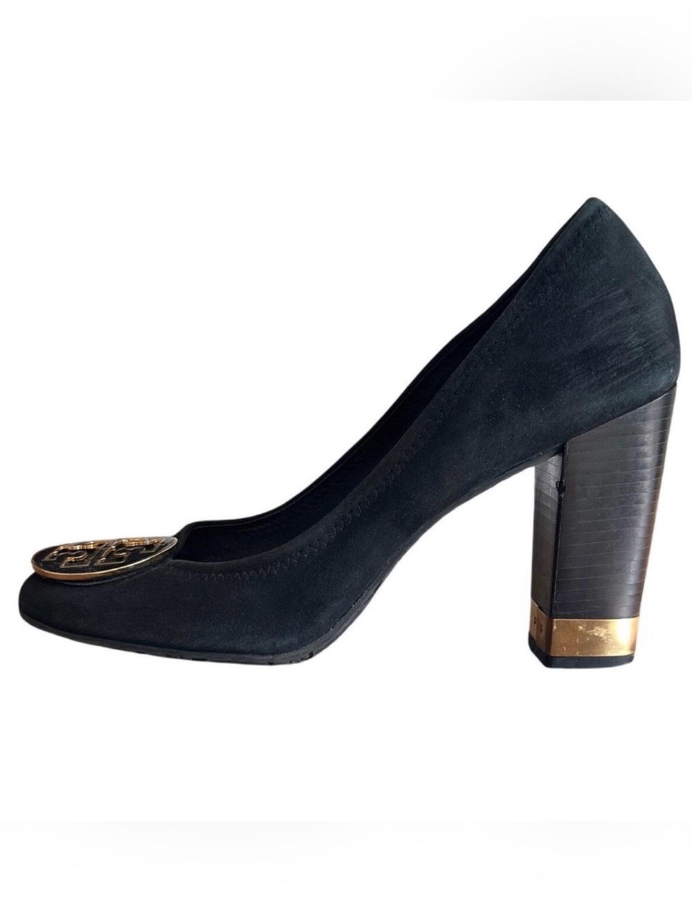 Tory Burch Maddie Suede Pumps Black Gold Logo Block Heel Size 9